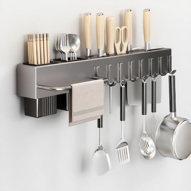 セイド(Seido) Carbon Steel Utensil Rack – Space-Saving 20" L Kitchen Organizer with hooks & hanging bar, Gunmetal Gray Knife Holder, 2 Installation Options (Adhesive/Screwed) - Image 1